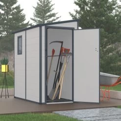 Abri De Jardin Adossé En Résine Gris Clair 2,09m² + Kit De Fondation - JOBU