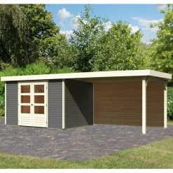 Abri De Jardin En Bois Massif Gris Terre 7,43m² Askola 5 Avec Appentis 280cm Et Paroi Arrière – Karibu