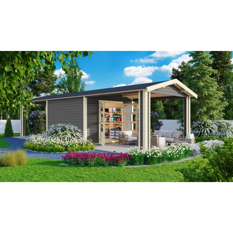 Abri De Jardin En Bois Massif Gris Terre 9,24m² Theres 7 Avec Deux Auvents – Karibu 3 Abri De Jardin En Bois Massif Gris Terre 9,24m² Theres 7 Avec Deux Auvents – Karibu