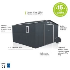 Abri De Jardin 10,85m² Métal PLUS Anthracite + Kit D'ancrage X-METAL -Nesling Magasin abri de jardin metal 1085m plus anthracite kit d ancrage x metal 5