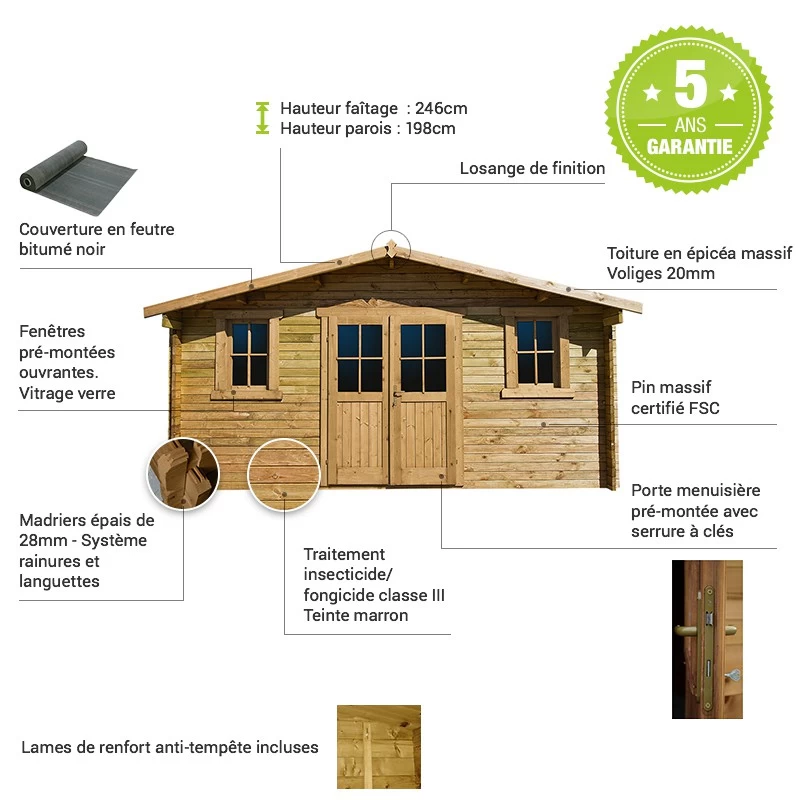 Abri En Bois Massif 16m² PLUS 28mm Traité Teinté Marron Gardy Shelter 5 Abri En Bois Massif 16m² PLUS 28mm Traité Teinté Marron Gardy Shelter – Image 3