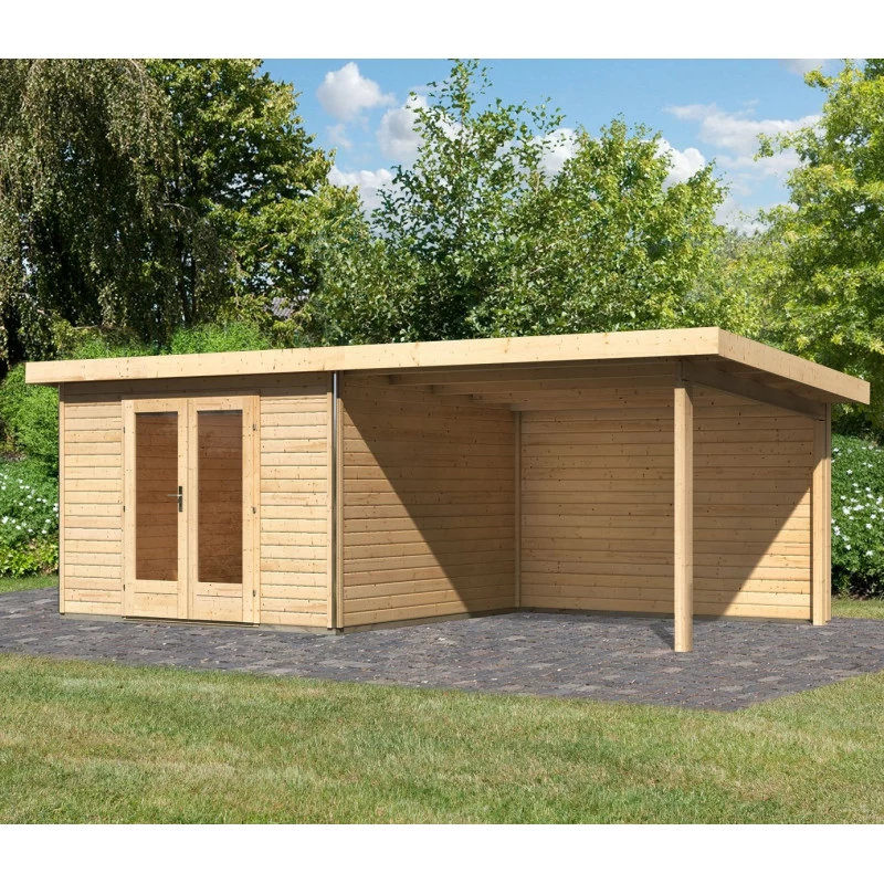 Abri Toit Plat 9,55m² Bois Massif 40mm Radeburg 1 Avec Appentis 330cm Et Paroi Arrière – Karibu 3 Abri Toit Plat 9,55m² Bois Massif 40mm Radeburg 1 Avec Appentis 330cm Et Paroi Arrière – Karibu