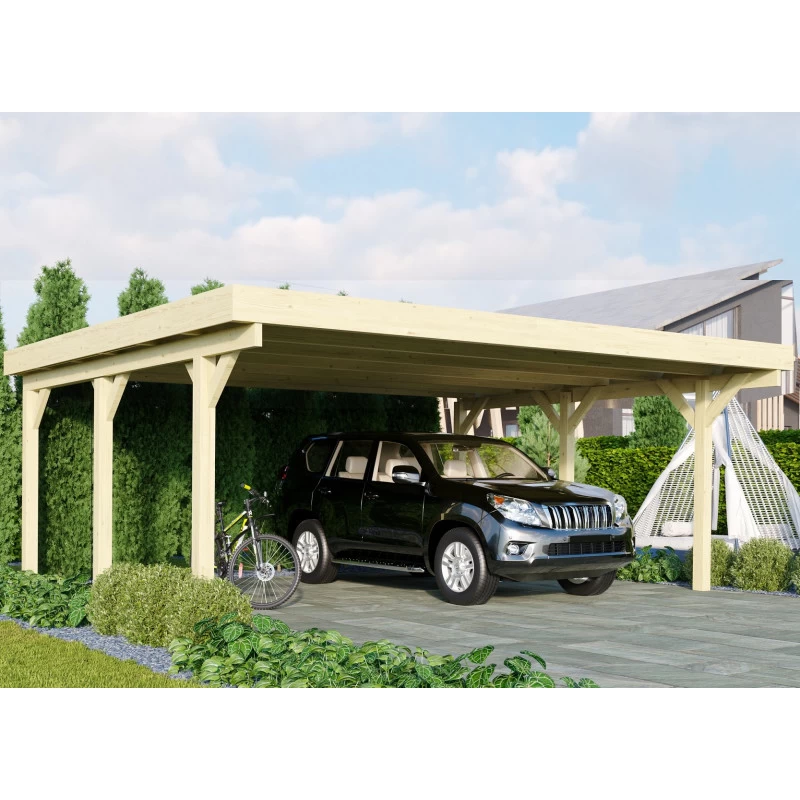 Carport Double En Bois Autoclave 28,3m² Et Toit En Acier – KARIBU 3 Carport Double En Bois Autoclave 28,3m² Et Toit En Acier – KARIBU