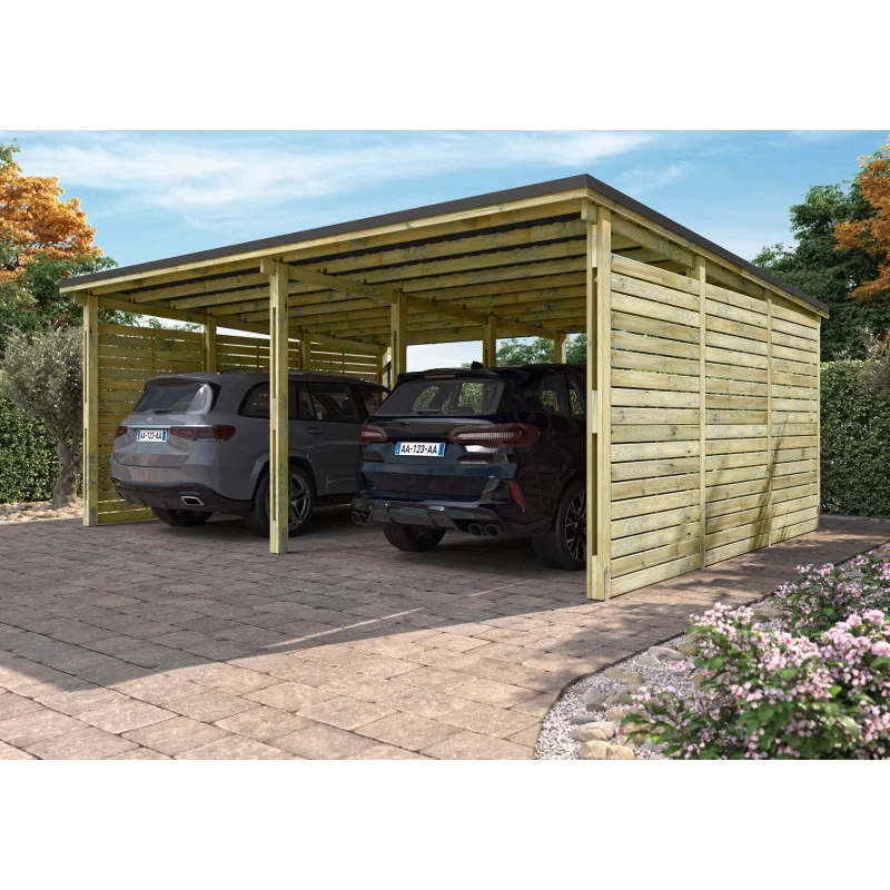 Carport Double En Bois Autoclave 38m² + Toit En Acier CÉSAR – Forest Style 3 Carport Double En Bois Autoclave 38m² + Toit En Acier CÉSAR – Forest Style