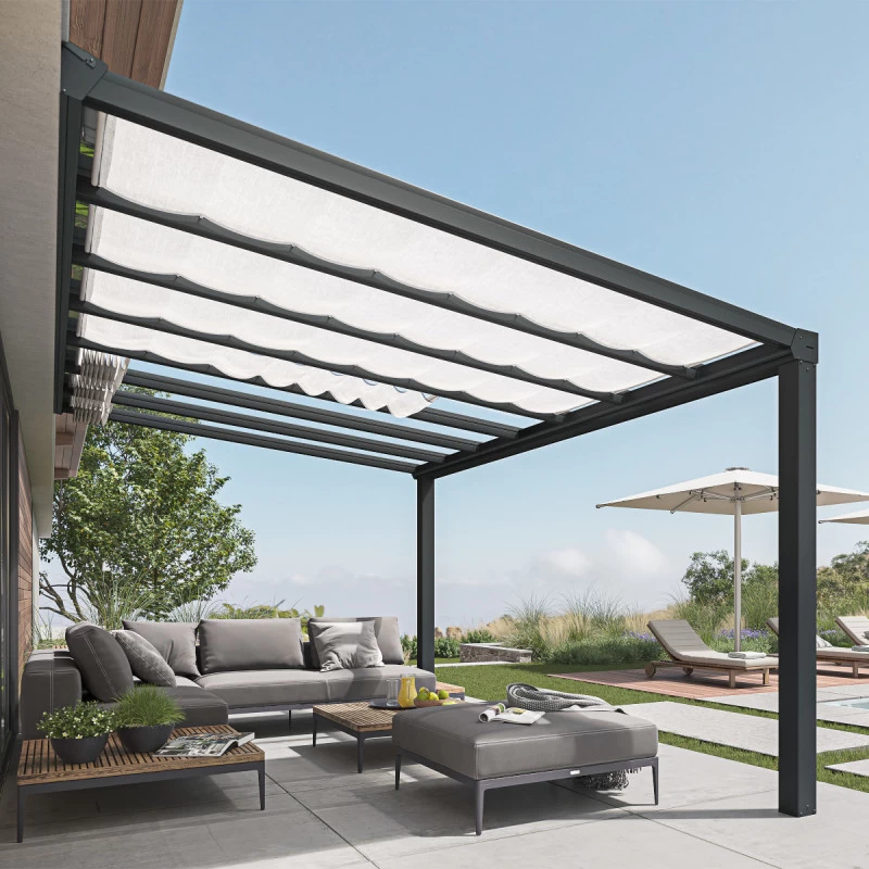 Pergola Adossée Stockholm 350x515cm Aluminium Gris Et Polycarbonate Avec Stores De Toit Rétractables – Palram - Canopia 3 Pergola Adossée Stockholm 350x515cm Aluminium Gris Et Polycarbonate Avec Stores De Toit Rétractables – Palram - Canopia