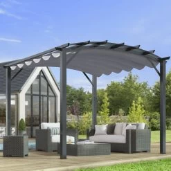 Pergola Arche Aluminium/acier Gris Anthracite 11,22m² Avec Toit En Toile Polyester 280gr/m² Gris HABRITA