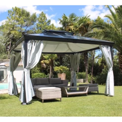 Pergola Autoportante 300x360cm En Aluminium Avec Rideaux Latéraux Et Toile De Toit - OPALE - Couleurs Du Monde