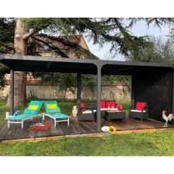 Pergola Bioclimatique Aluminium Anthracite 21,52m² + Toit Avec Lames Ovales + 1 Rideau Pour Côté 3,60m HABRITA -Nesling Magasin pergola bioclimatique aluminium anthracite 2152m toit avec lames ovales 1 rideau pour cote 360m habrita 2