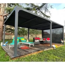 Pergola Bioclimatique Aluminium Anthracite 21,52m² + Toit Avec Lames Ovales + 1 Rideau Pour Côté 3,60m HABRITA -Nesling Magasin pergola bioclimatique aluminium anthracite 2152m toit avec lames ovales 1 rideau pour cote 360m habrita 4